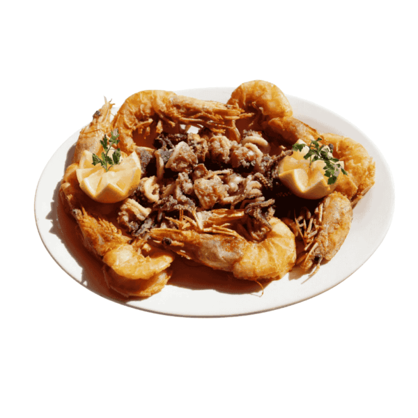 Fritto di Calamari e Gamberi con Polenta